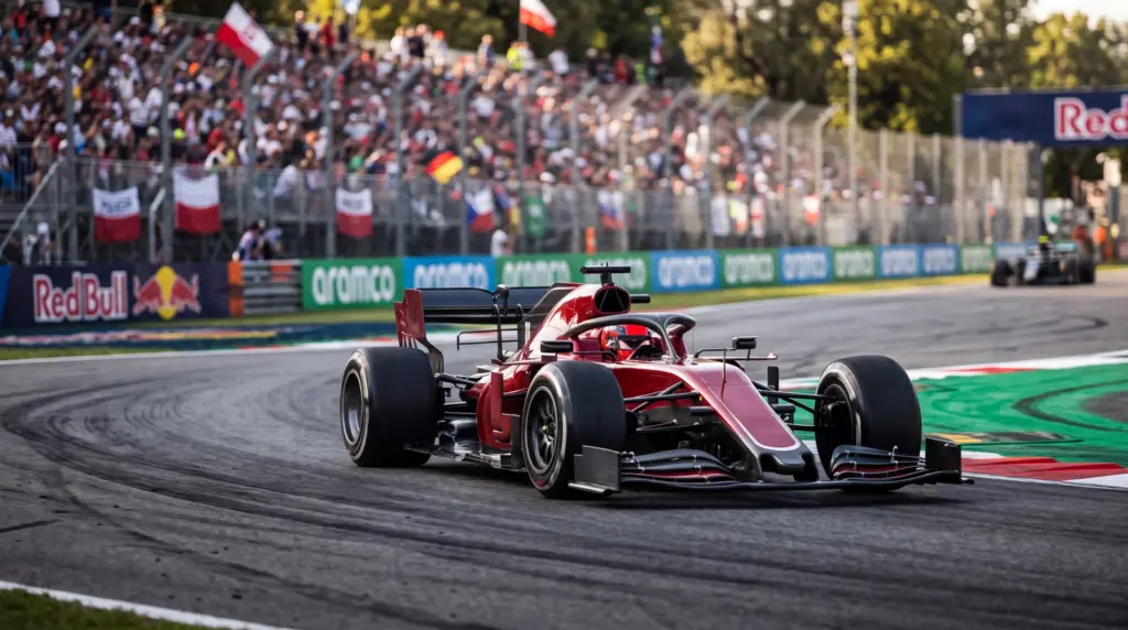 Czerwony bolid na zakręcie toru przed trybunami kibiców – ilustracja poradnika wyjazdu na F1